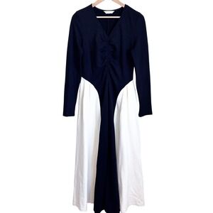Commense Womens Maxi Dress Size M Cream Black V Neck Ruching Elegant Long Sleeve
